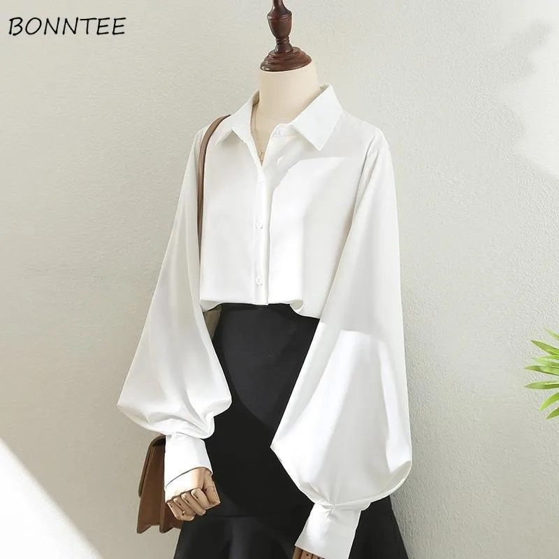 Blouses Tops Women White Black Long Lantern Sleeve Office Lady Temperament Autumn Winter Basic All-match Design Chic Female New