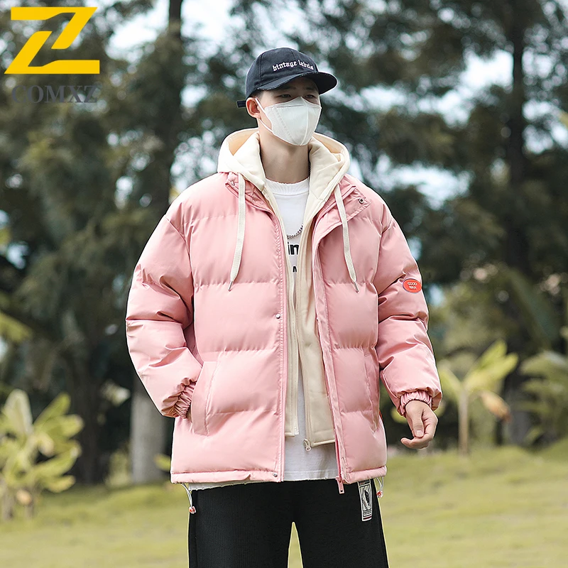 Heren parka jas warme losse nep tweedelige pure kleur straat winterjas wandelen reizen winddicht verdikte trendy broodjas