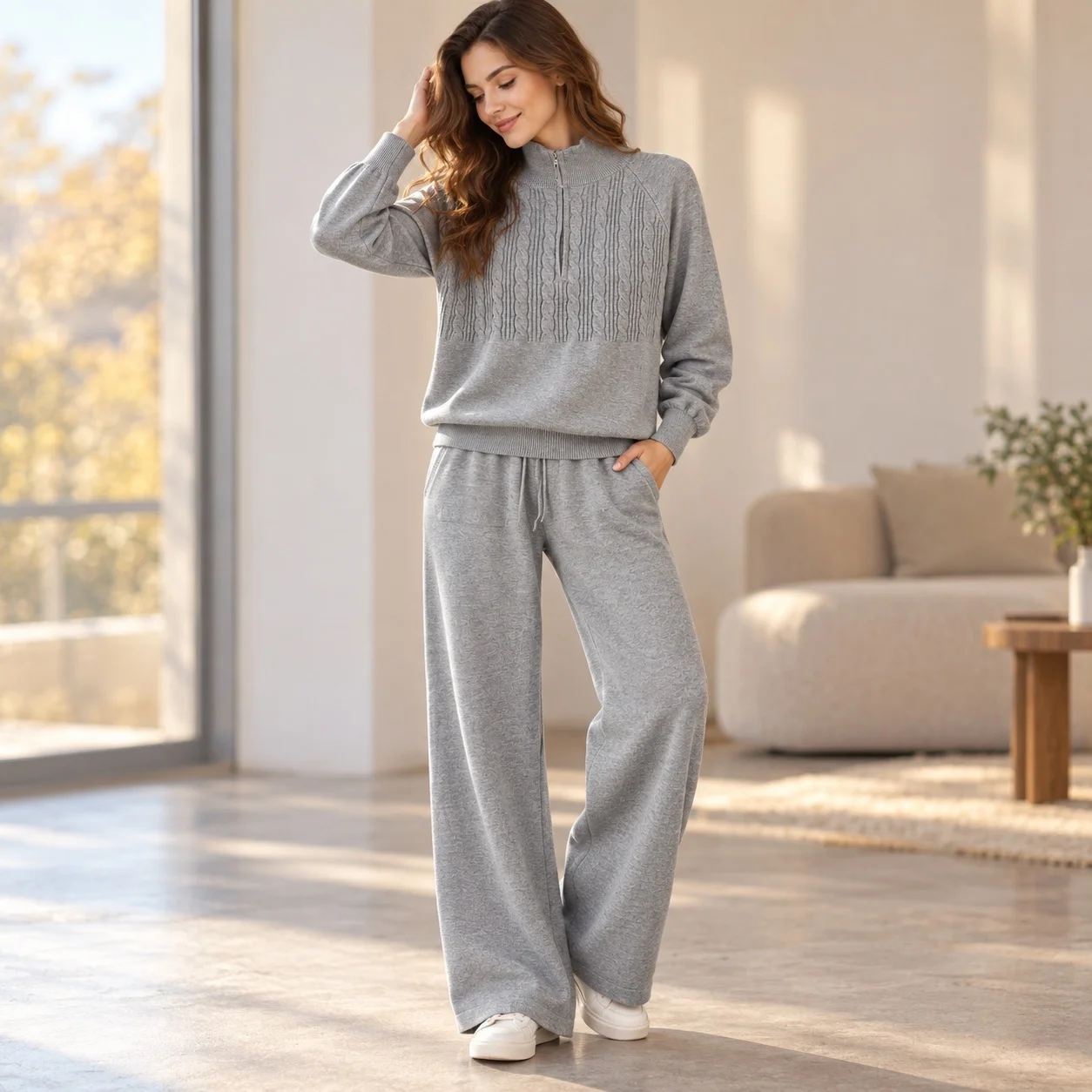 Zipper Casual Set Full Length Elegant Commuter with Winter Pants Long Sleeve Sweatshirt Top Sweater Autumn Elegant Women Sets