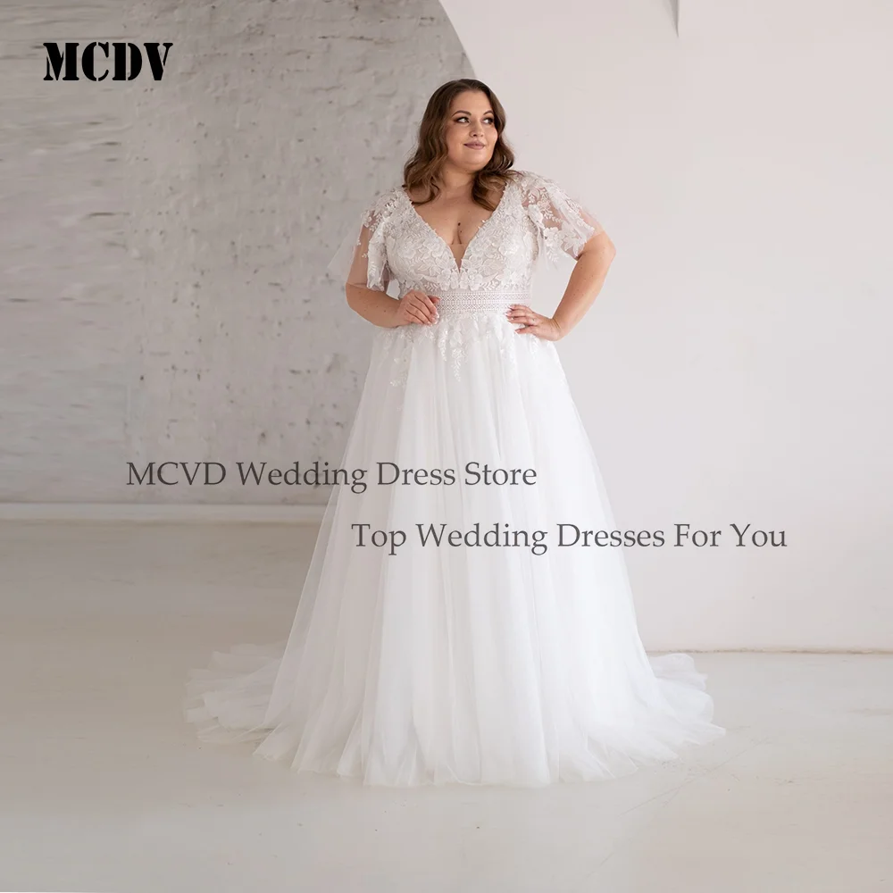 Boho Lace Weddings Dresses Plus Size Bride V-Neck Applique Tulle Bridal Party Gown robe de mariée grande taille Customized
