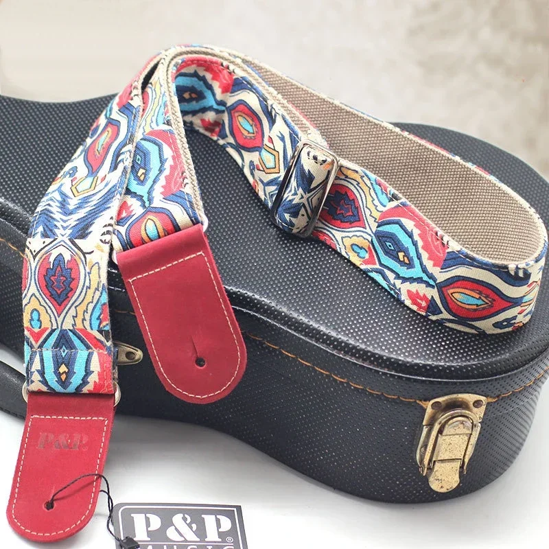 Double Layer Sewing Cotton Electric Guitar Strap for Acoustic  Bass Adjustable Denim Printed Guitar Belt Genuine Leather Ends