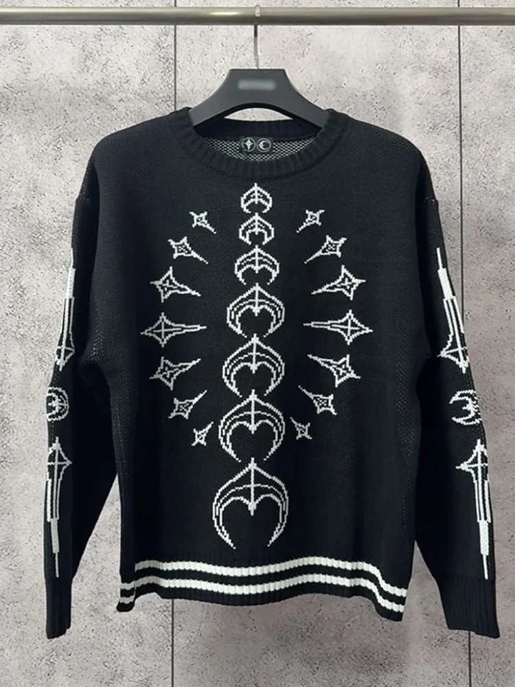 

Thug Club 25FW Color Blo Knitted Long Sve Sweater ex Casual Wear Star Moon Pattern round Ne Skin Friendly Breathable