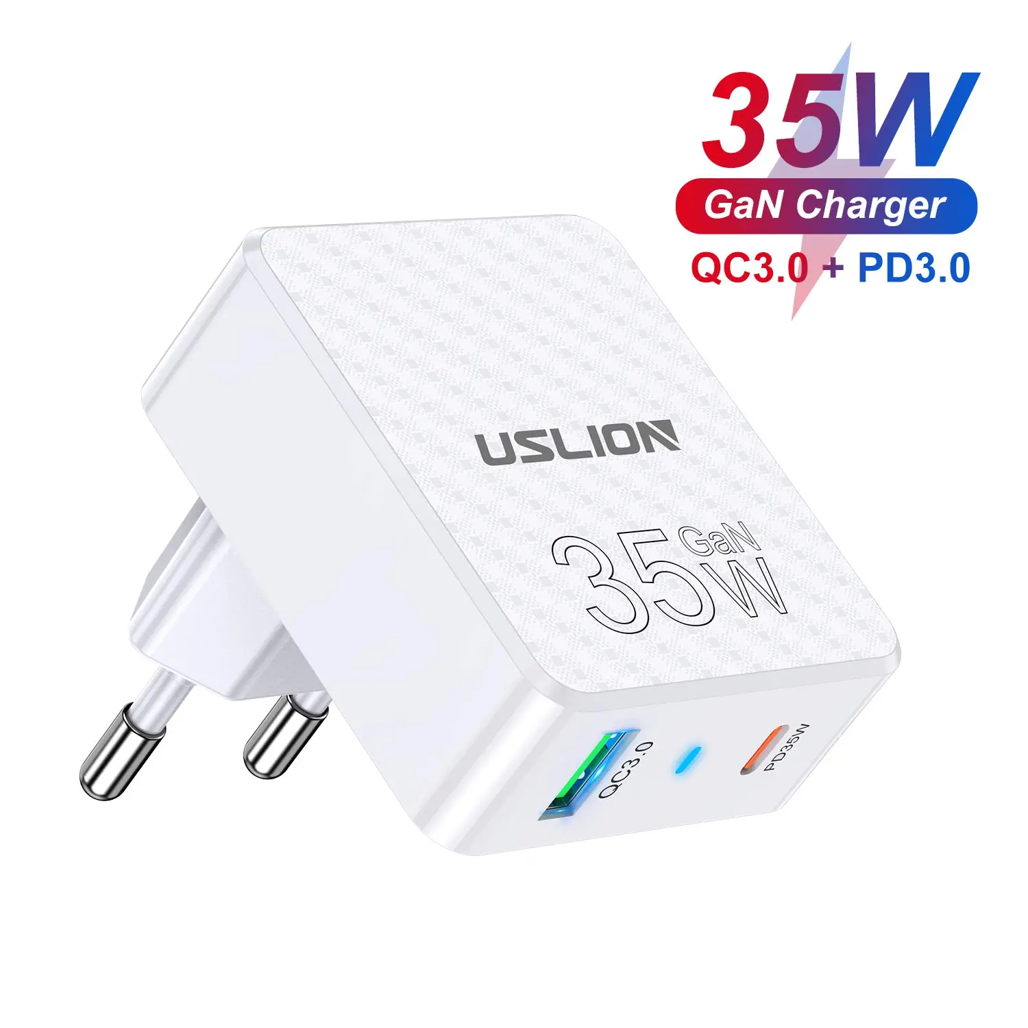 USLION PD 35W Fast Charger USB Type C QC3.0 Square Carbon Fibre EU/KR/US Adapter For iPhone 15 14 Pro Max iPad Xiaomi 13 Samsung