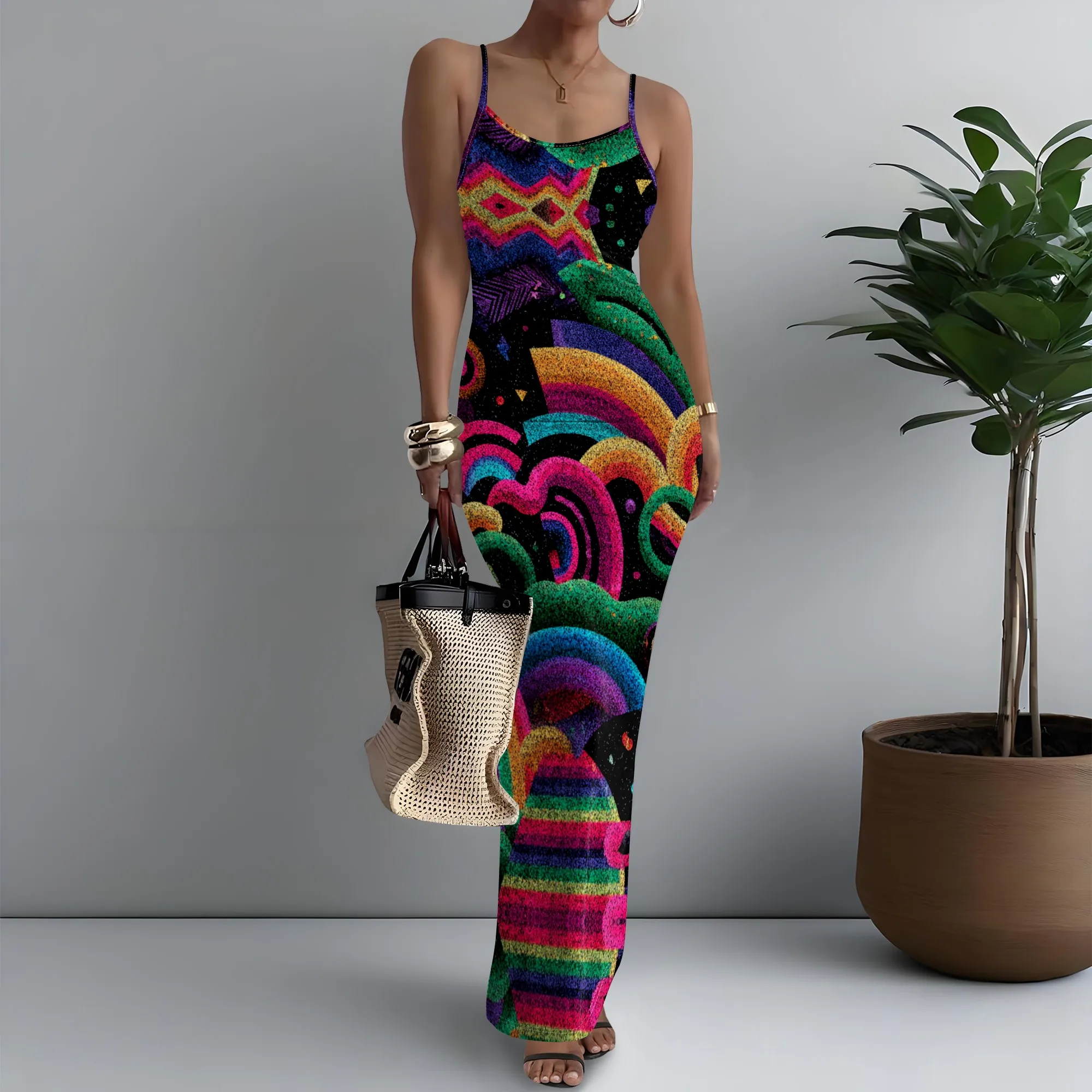 

"Women's XS-3XL Abstract Art Print Sleeveless Bodycon Dress – Perfect for Summer Festival & Night Out"