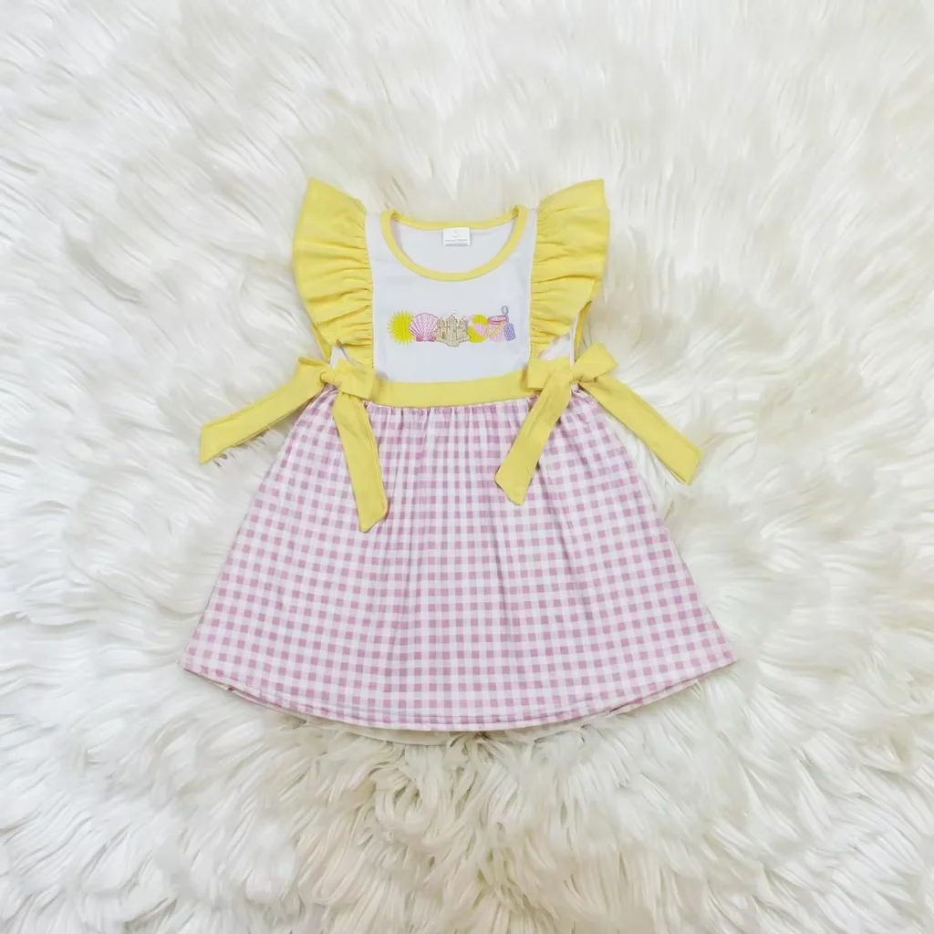 Wholesale Toddler Knee Length Castle Shells Kids Children Short Sleeves Baby Girl Embroidery Bows Infant Checked Ruffle Dress