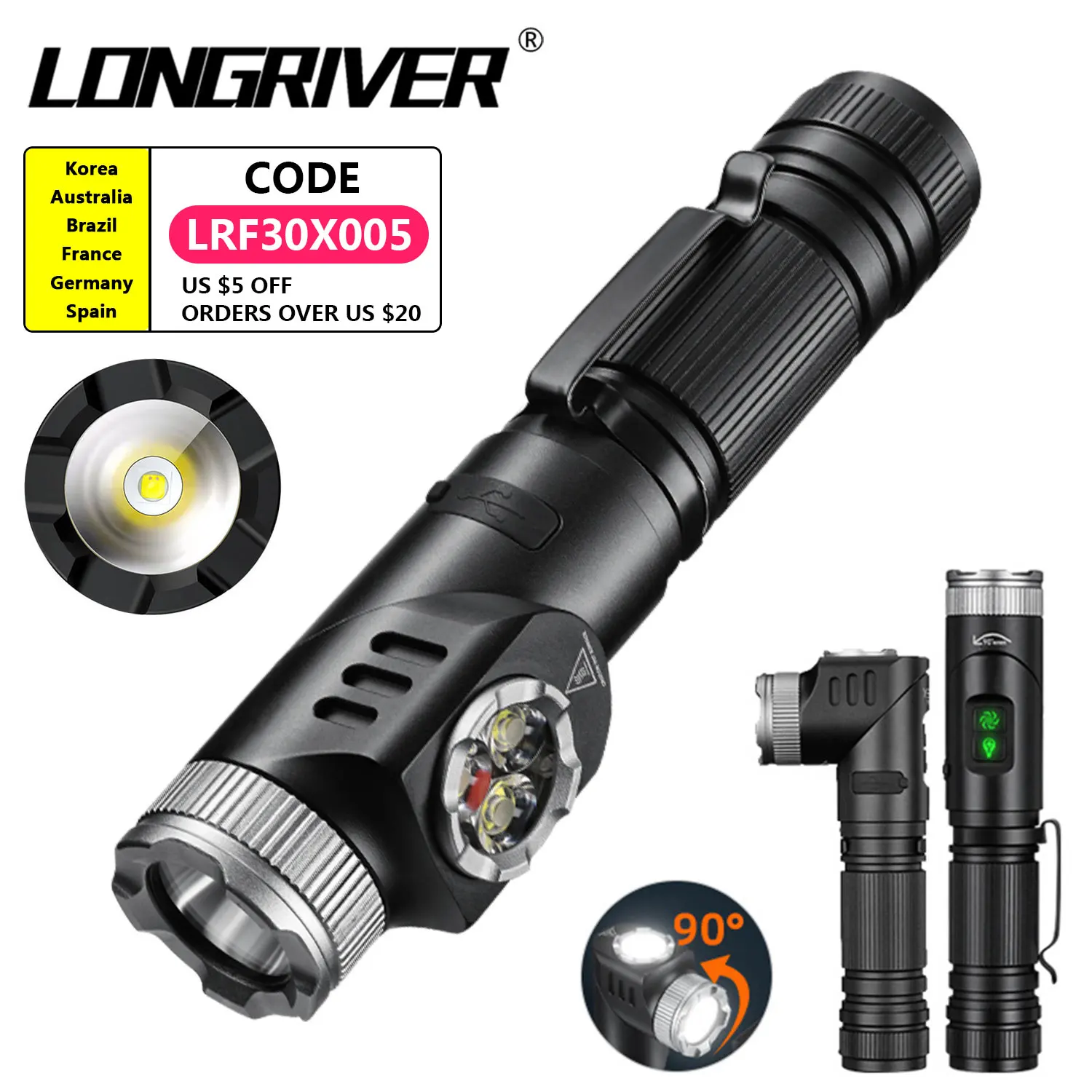 LONGRIVER F30X Rotating Flashlight 2000LM SST40 Powerful Light USB Rechargeable Torch for Outdoor Camping Magnetic Work Light