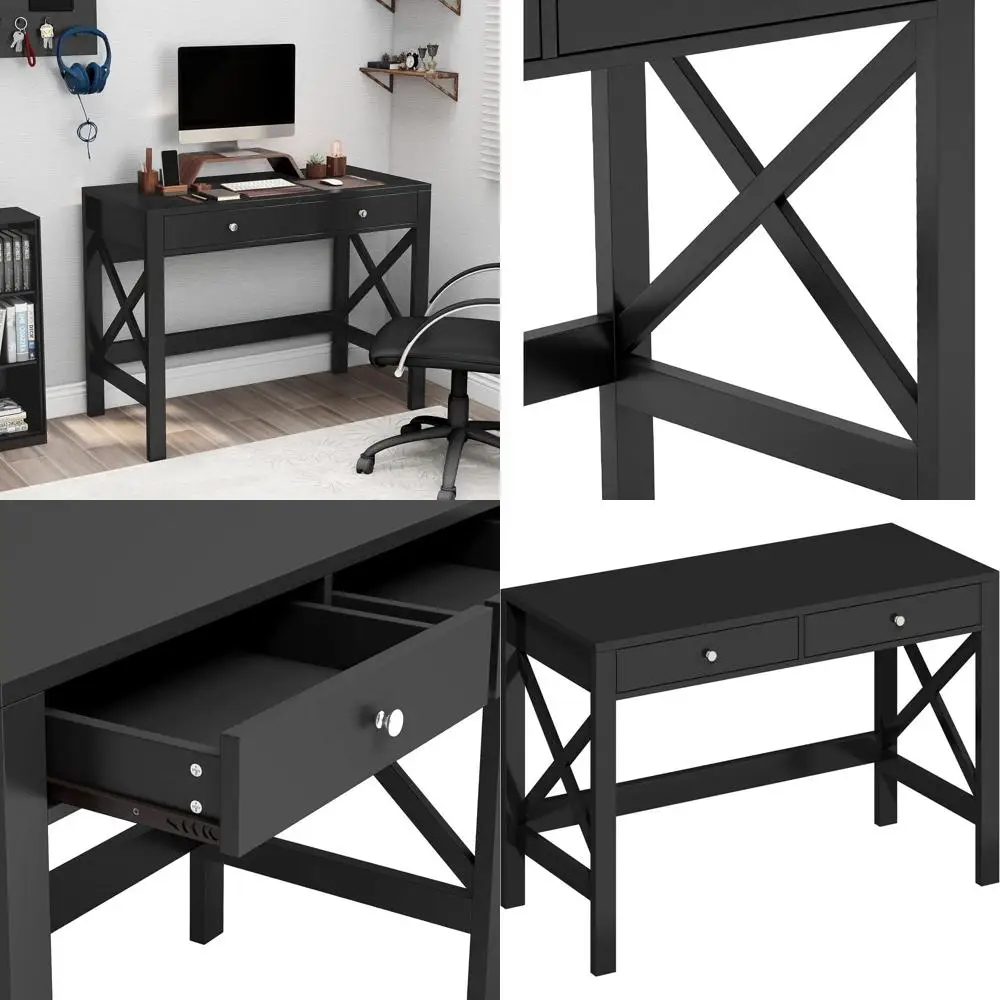 Modern Black Home Office Desk with Drawers, Multipurpose Writing Table and Vanity