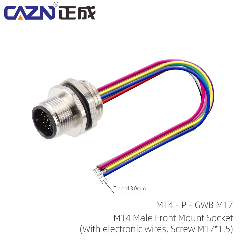 M14 Solder Socket Male Female Front Rear Mount 18 Pin with 30cm Wire IP67 for Fieldbus & Industrial Communication
