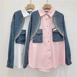 Women Hot Drilling Denim Patchwork Shirts Spring Autumn Diamond Beaded Pockets Jeans Blouses Crystal Cowboy Cardigan Crop Tops