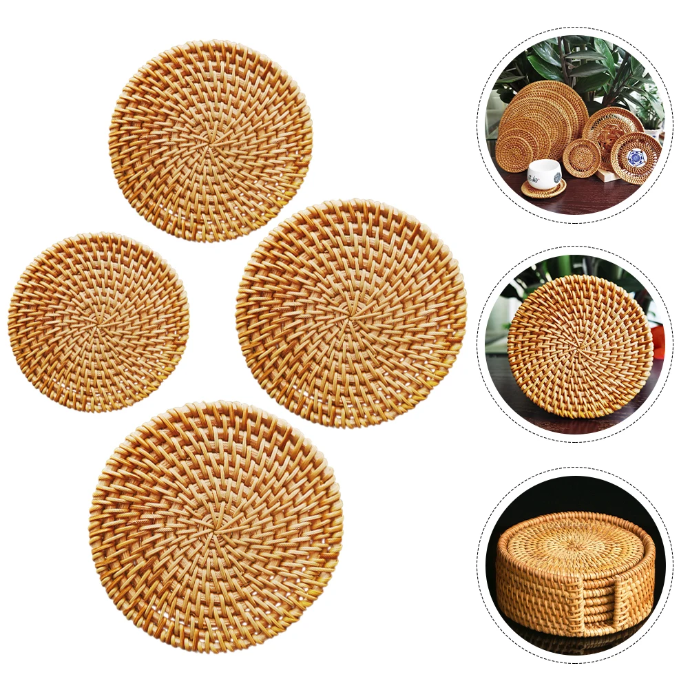 

4Pcs Natural Rattan Woven Tea Cup Mat Heat Insulation Coaster Pot Holder Handmade Multipurpose Table Mat for Home Cafe