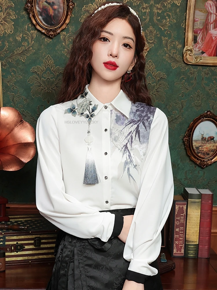 

Chinese Improved Blouse Women Hanfu Shirt Women's Spring New Chinese Style long-sleeved Shirt Daily Lady Improved Tangsuits Top