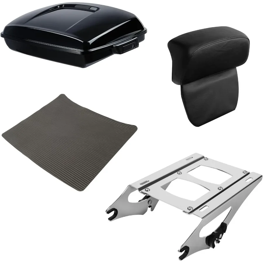 

5.5 Black Motorcycle Trunk Luggage with Razor Design Secure Latches and Integrated Backrest Pad Chrome Mount Rack Compatible wi