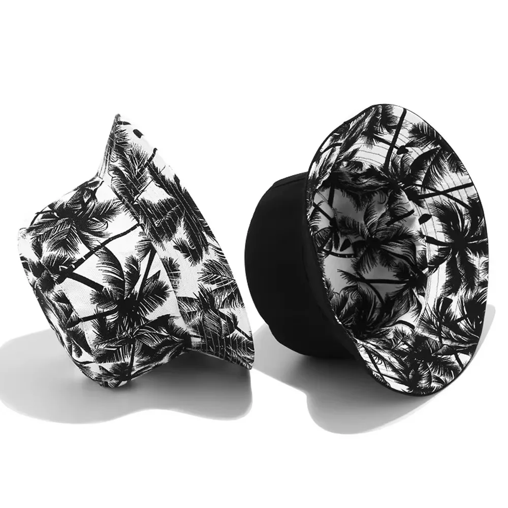 New Unisex Fashion Summer Reversible Black White Coconut Tree Printed Fisherman Caps Bucket Hats Gorro Pescador Men Women