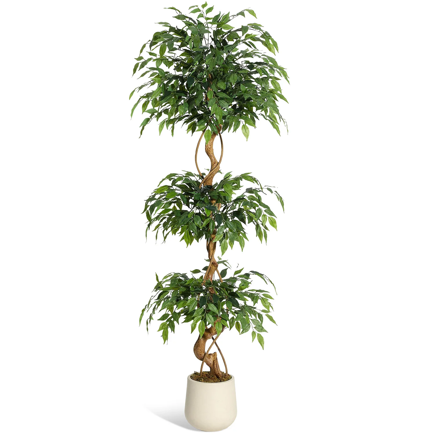 Realistischer künstlicher Ficusbaum mit gebogenem Stamm, lebensechte Kunstseidenpflanze im weißen Topf, dekoratives Innengrün für Zuhause und Büro. – Detail 14