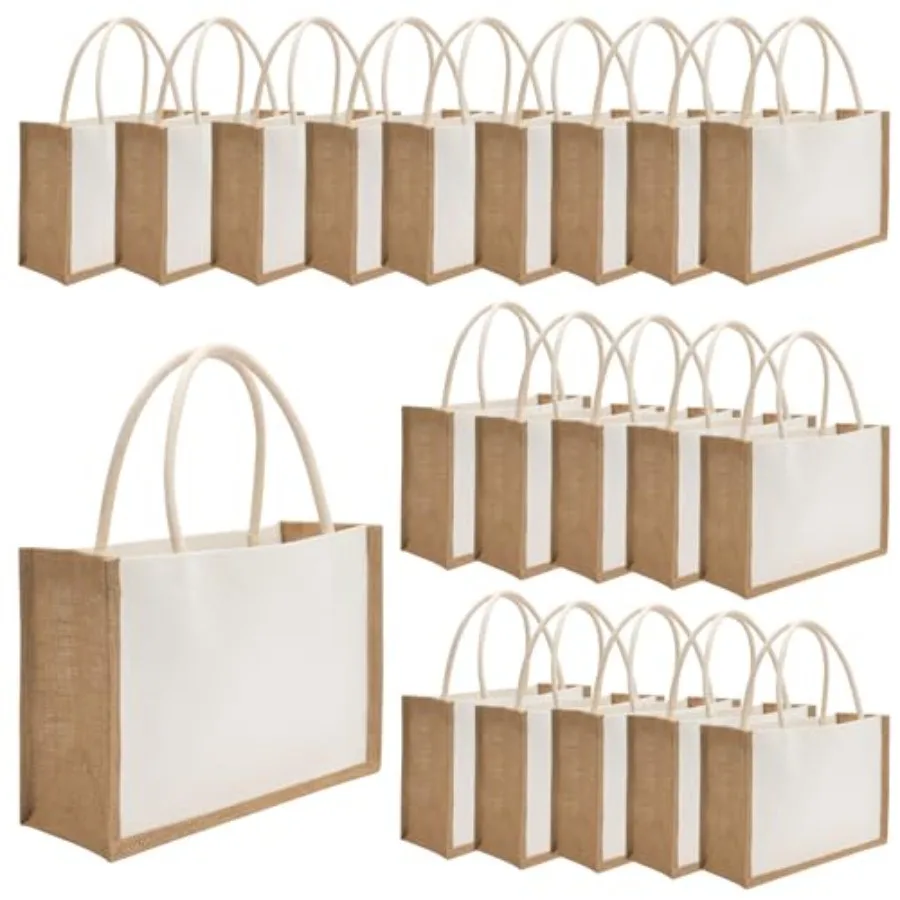 

20 Pack Burlap Tote Bags Jute Tote Bags Reusable Water Resistant Beach Bag Blank Canvas Grocery Bag for Women Bridesmaid Weddin