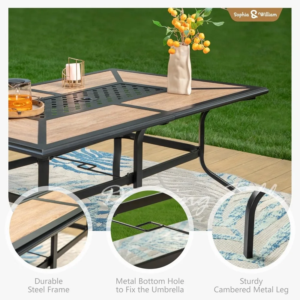 Rectangular Outdoor Dining Table with 1.6"-2" Adjustable Umbrella Hole, 6 Person Patio Table for Outdoor, Rectangle Patio Table