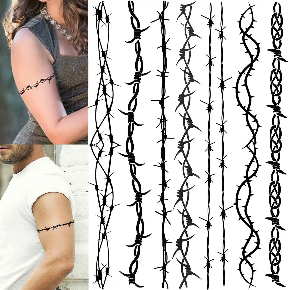 7 Sheets Barbwire Temporary Tattoos For Adults Arms Halloween Black Tattoos Sticker Fake Prison Prisoner Tattoos 3D Barbed Wire