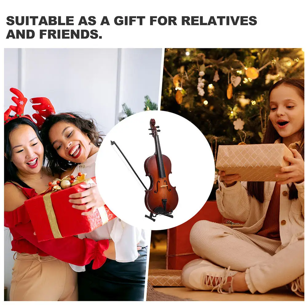 1Set Miniature Violin Adornment Desktop Decor Realistic Wooden Violin Ornament Smallest Photo Prop Musical Instrument Decoration