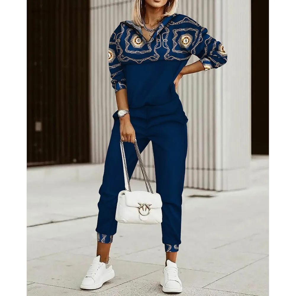 

Female Casual Suits Autumn New Fashion Printed V-neck Pullover Hoodie And Pants 2-piece Set For Women 2024 Woman Outfits Y2K