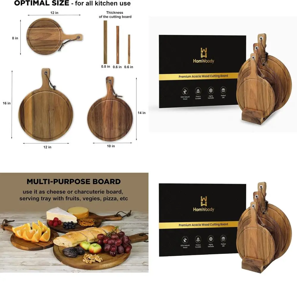 

Set of 3 Acacia Wood Cutting Boards with Handle - Cheese & Charcuterie Boards - Kitchen Chopping Board Gadgets
