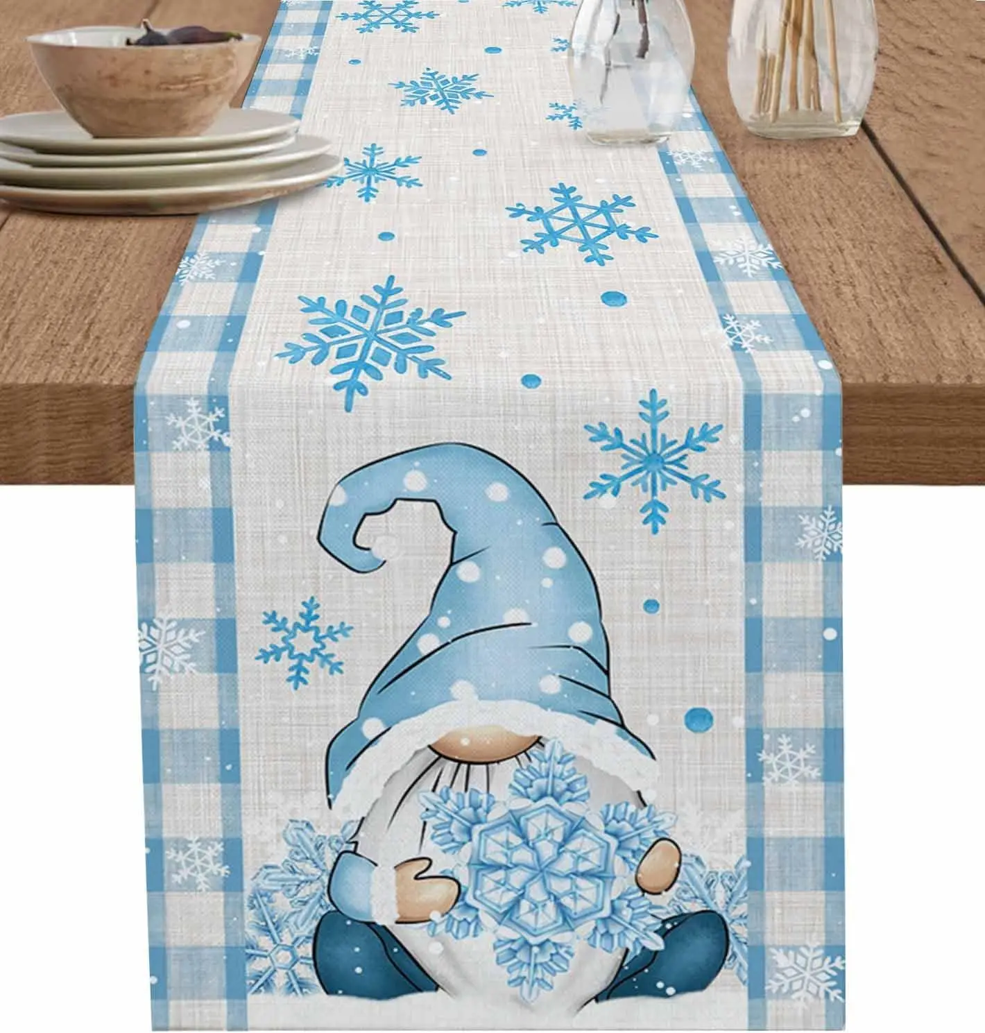 

Christmas Blue Plaid Gnomes Linen Table Runners Home Decor Washable Kitchen Home Dining Table Runners Christmas Decorations