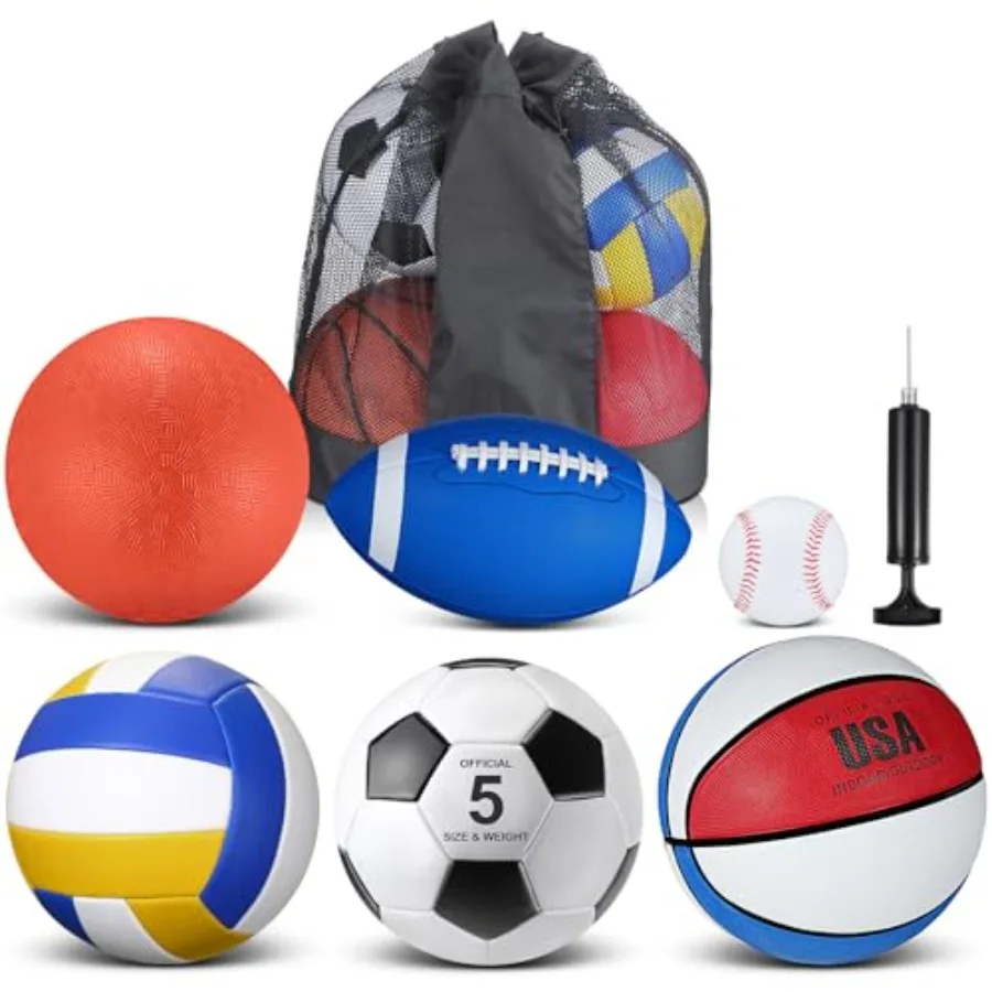

6 Pcs Multi Sport Ball Set Official Size Football Basketball Soccer Volleyball Playground Ball Baseball with Outdoor Sports Equ