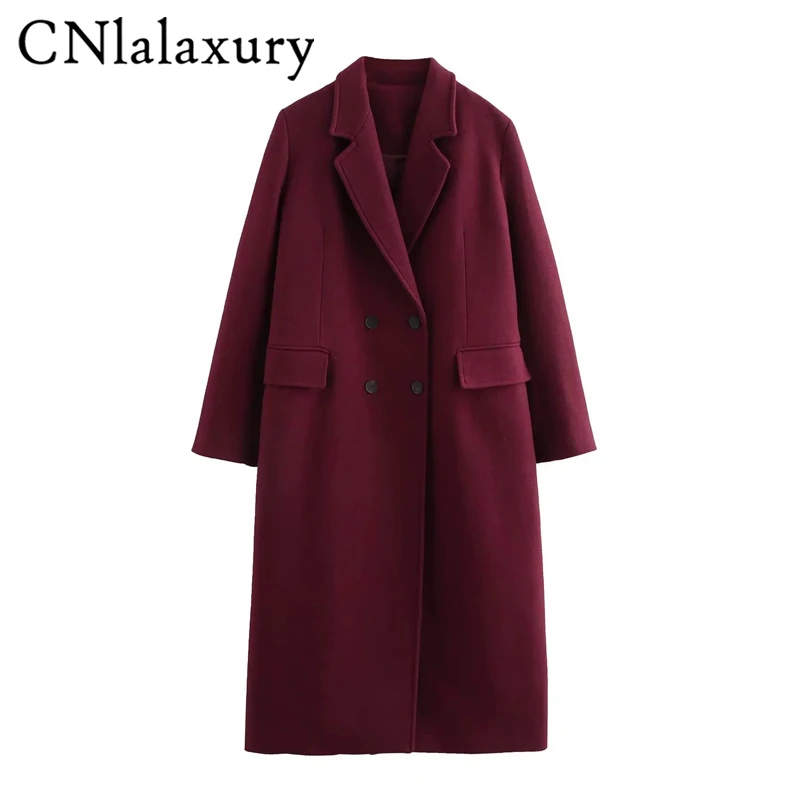 Retro Solid Double-Breasted Long Coats Women Vintage Loose Lapel Slit Long Coat Pockets Winter Elegant High Street Overcoat