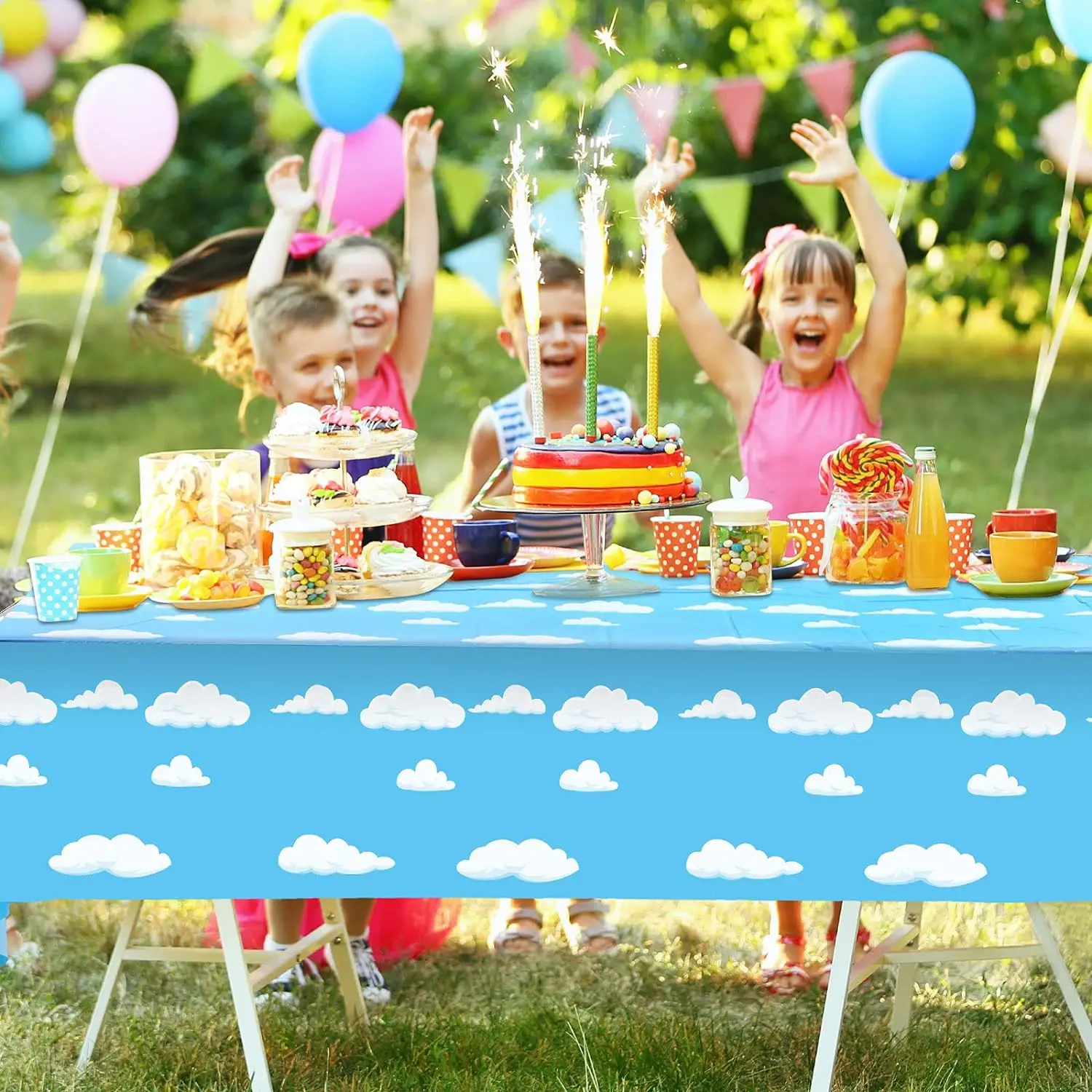 Toyss Inspired Birthday Party Story Tablecloth Cow Pattern Blue Sky and White Cloud Table Cover for Kids Baby Shower Decorations view 4