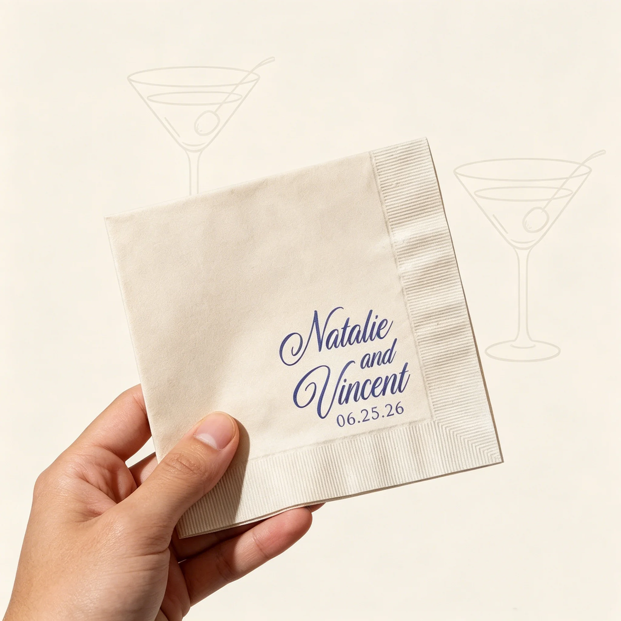 

50pcs Custom Couple Names Wedding Cocktail Napkins, Personalized Names & Date Blue Foil Beverage Napkins, Bulk White Disposable