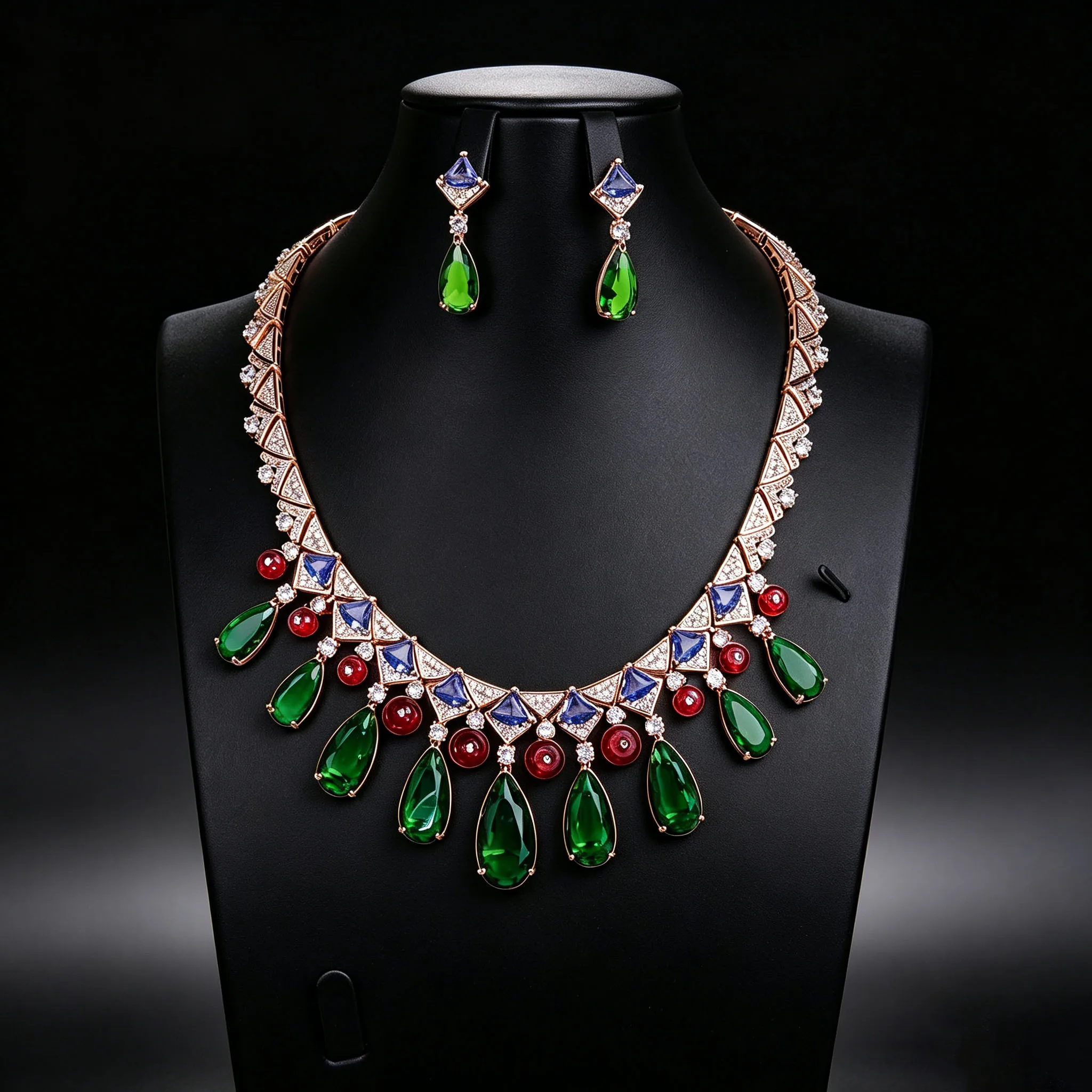 Popular Exquisite Luxury Colored Droplet Shape Necklace and Earring Set Suitable for Women Wedding Event Dress Jewelry M-1150
