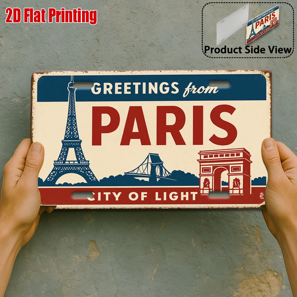 2D Flat, 1pc Vintage Paris France  Metal Sign Wall Art - Large Eiffel Tower & Arc De Triomphe Design