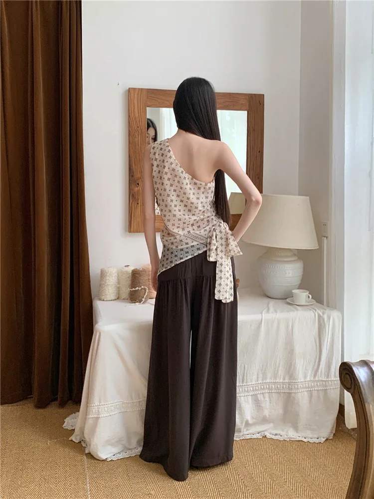 One Shoulder Sheer Asymmetrical Tops For Woman Tie Back Beige Sleeveless Chiffon Tank Top Clothes