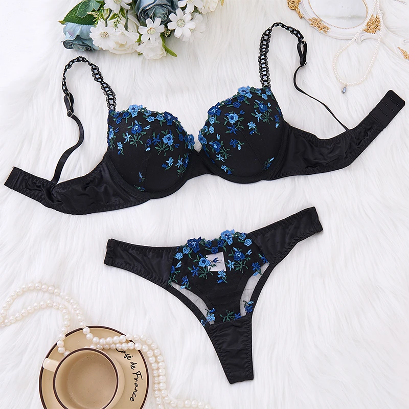 

Women Lingerie Floral Embroidery Sexy Underwear Gather Chest Push Up Bra BH Transparent Underwear Comfortable Sexy Lingerie Set