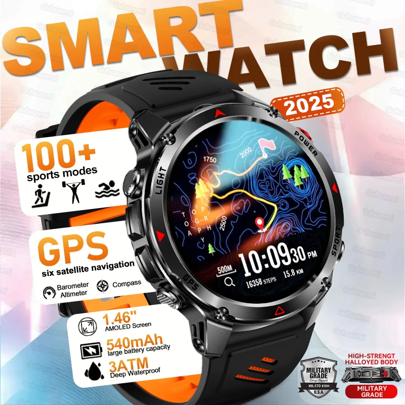 

NEW Military-Grade Dual-Band GPS Smart Watch 3ATM Waterproof Compass Health monitoring Flashlight 100+Sports Smart Watches 2026