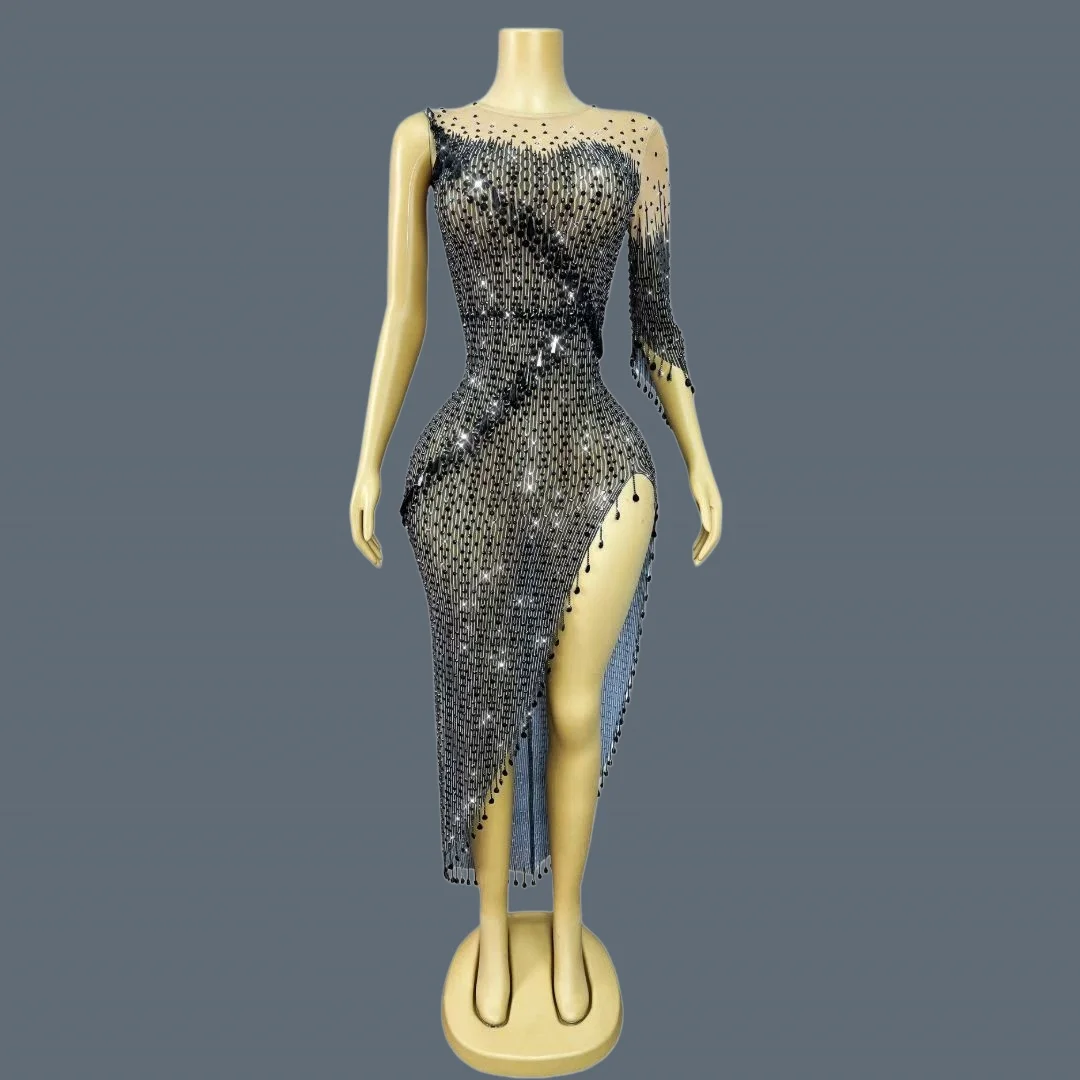 

Sparkly Black Rhinestone Spandex Tassel Dresses Women Birthday Celebrate Party Prom Event Dance Club Stage Show Wear Facaiqun