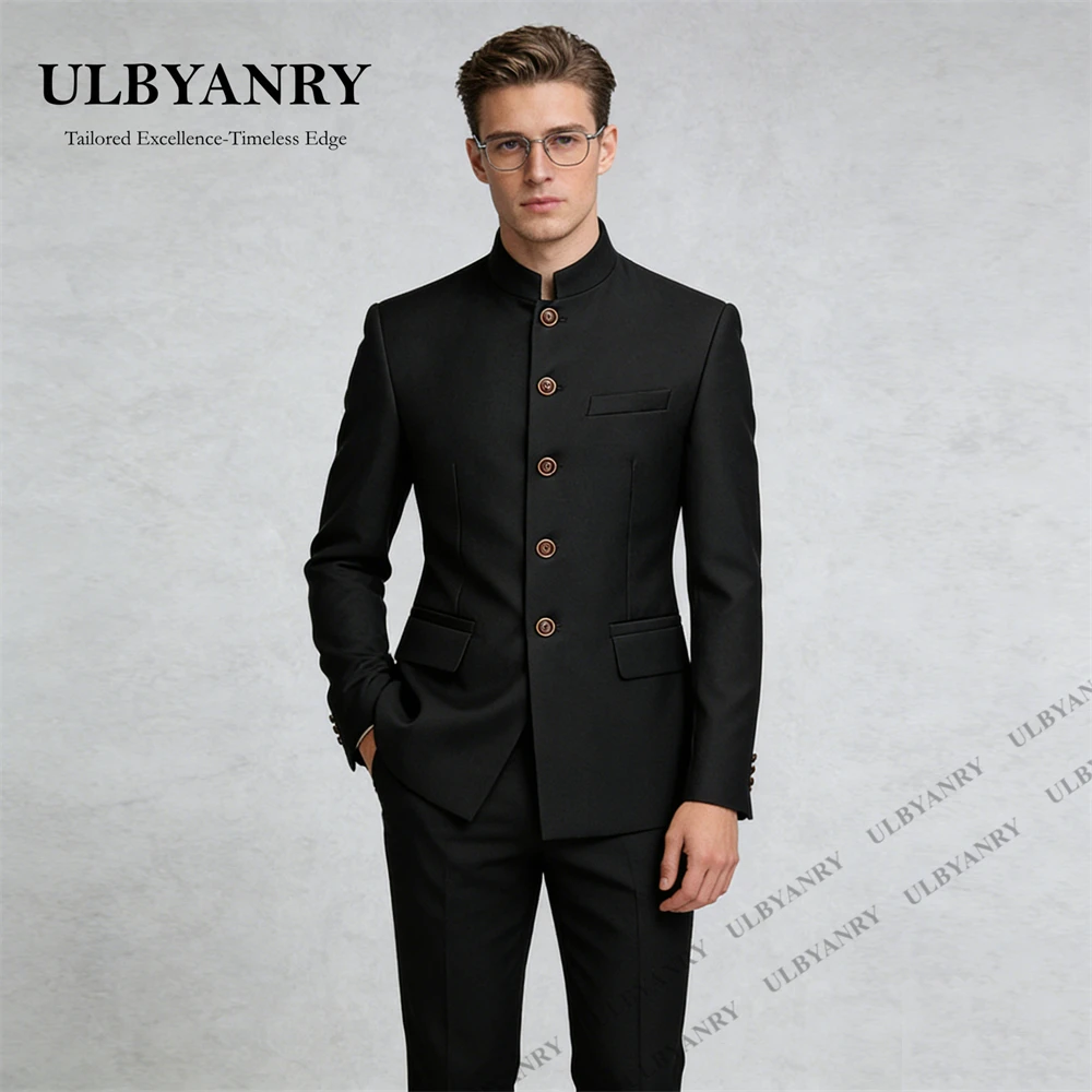 

ULBYANRY Fine Stitching Men's 2 Piece Suit, Regular Fit Single-Breasted Jacket with Mandarin Collar, Formal Business Pants Suit