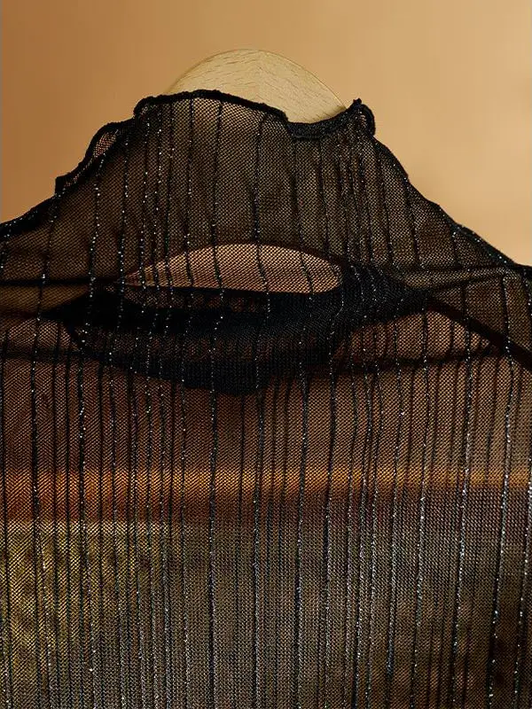 Top a Collo Alto con Base in Pizzo per Donna, Abbigliamento Interno Autunno Inverno, Stratificato, Trasparente, Lungo, Aderente