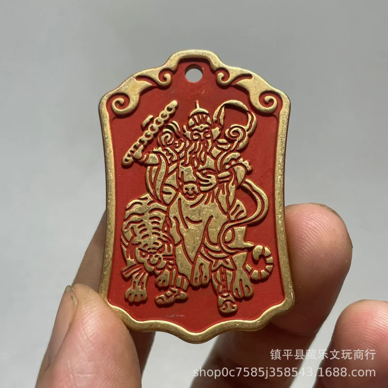 Brass cinnabar statue of Zhao Gongming, the Five-Path of , with a rice pendant and a martial god of wealth