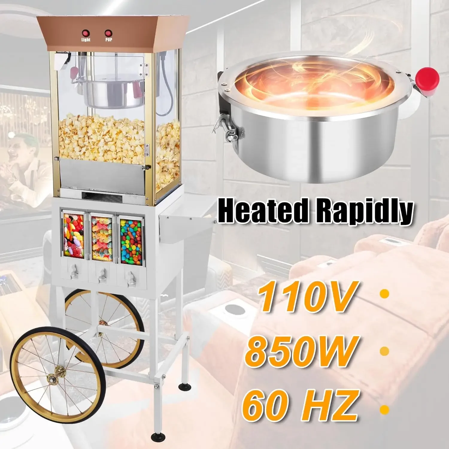 Popcorn  Machine 8 OZ Vintage Professional Popcorn  Theater Style Movable Popcorn Cart with Three Storage Candy