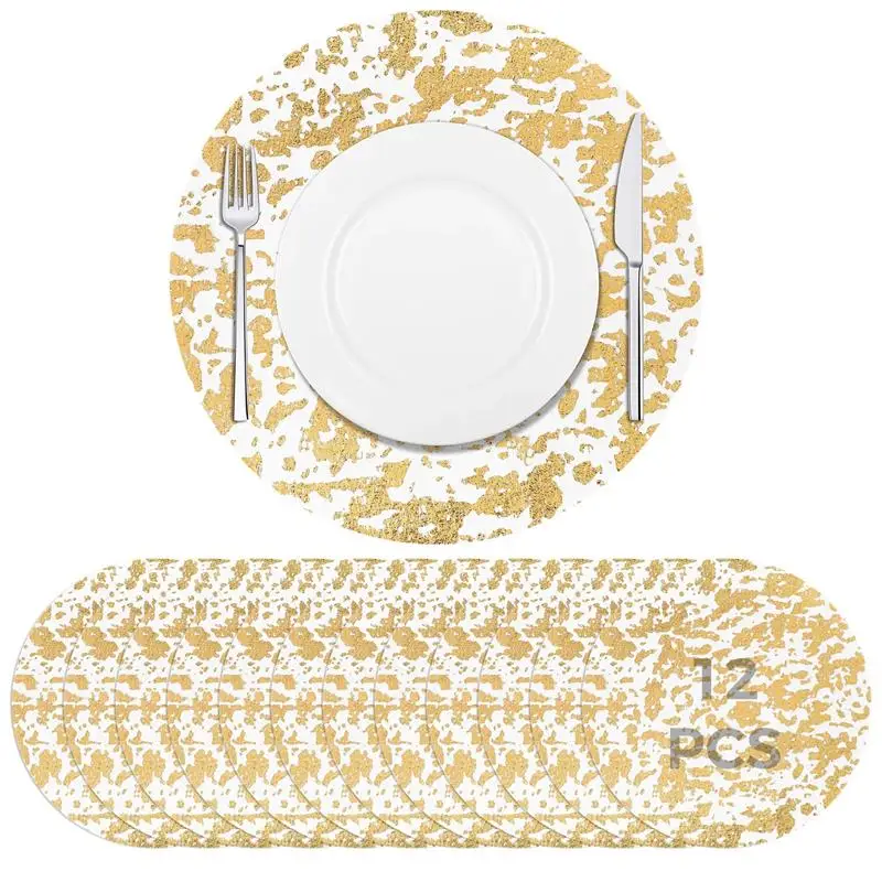 12PCS Disposable Dining Plate Mats Bowl Tableware Place Mat Round Foil Mesh Pressed Metallic Thin Mesh Table Mats For Dining