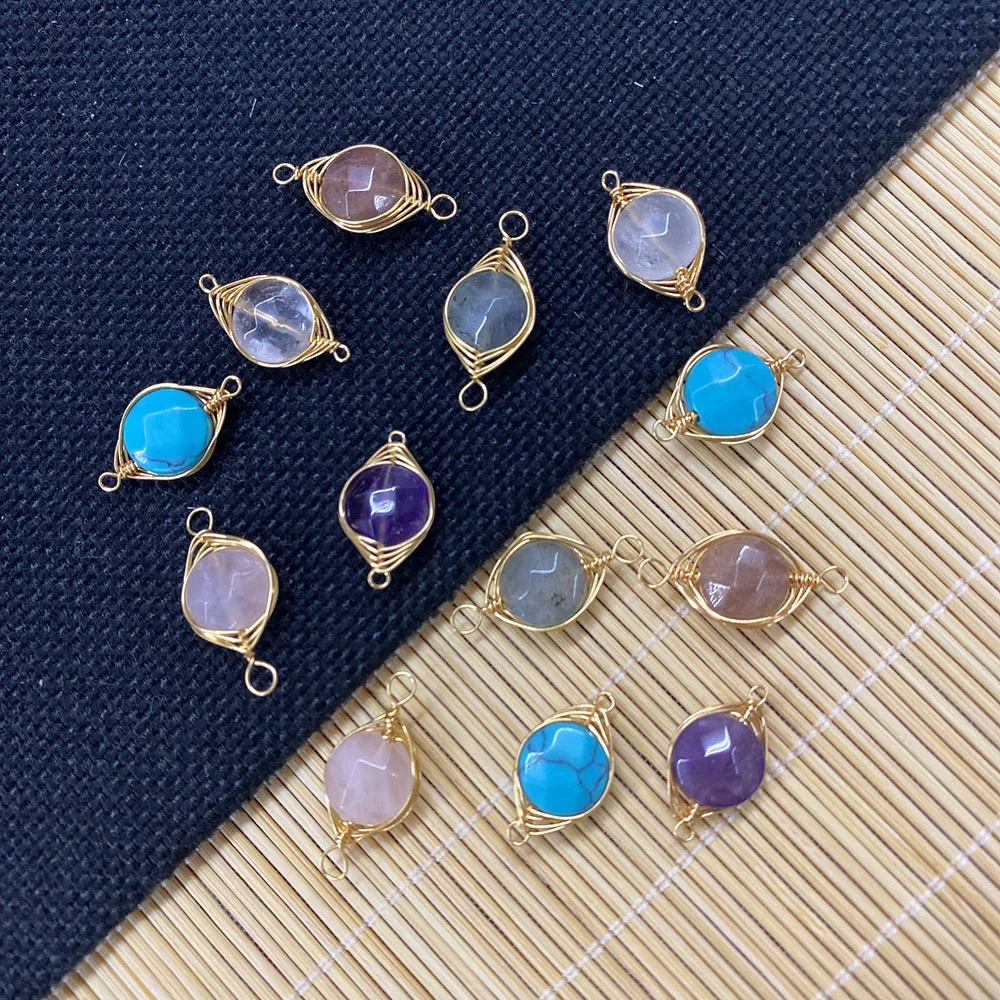 Ovxxons 5 Pcs Natural Stone Cut Flour Crystal 11x20mm Round Amethyst Double Hole Connector Pendant for DIY Accessories