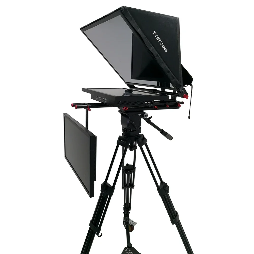 TY21G2 pemindah bawaan 21 inci, layar ganda studio teleprompter dengan PTZ caster tripod nirkabel remot pidato siaran langsung