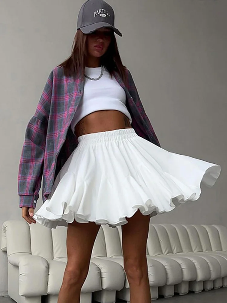 Women's Summer White Mini Skirt High Waist A-Line Vintage Ruffle Tennis Style Black Elastic Waist Cute Ruffle Short Skirts