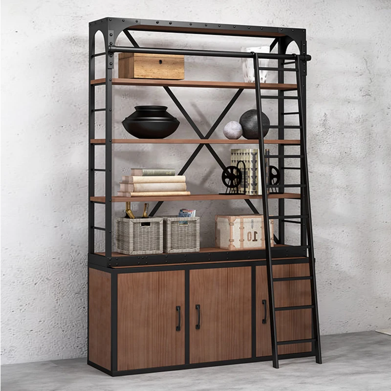 

Loft industrial style solid wood bookcase bookshelf American retro wrought iron shelf display rack floor-to-ceiling living room