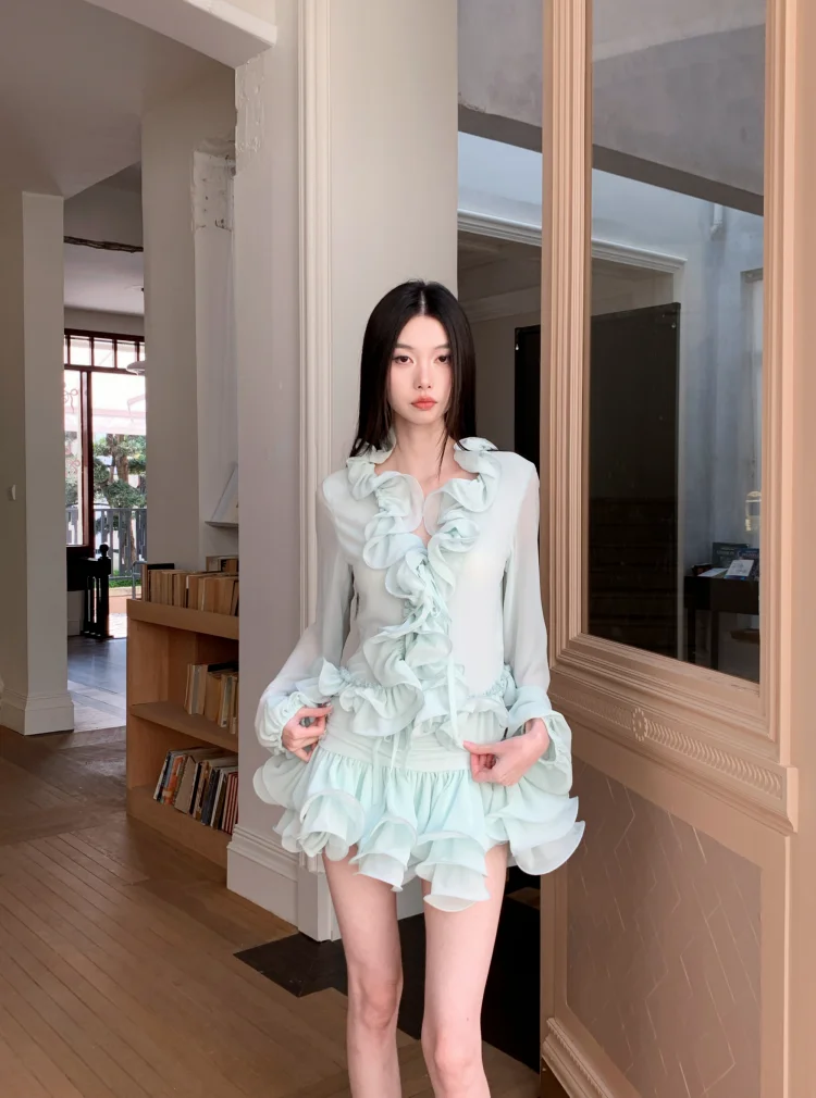 Dames retro mintgroen chiffon driedimensionaal gegolfd bloem geplooid slim fit vest speelse minirokset