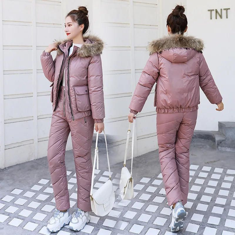 2024 Winter Jacket Woman Snow Cloths Warm Pant Suits Real Fur Collar Parka Women Down Cotton Coat 2 pieces Set Outwear Ladies