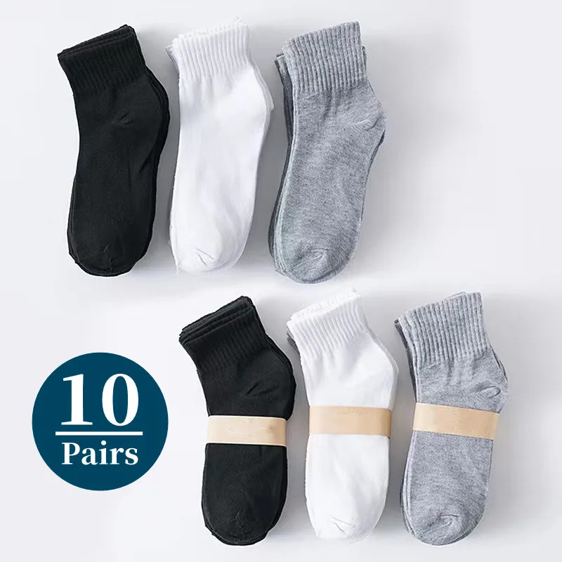 10Pairs/Men\'s Mid-tube Socks Polyester Cotton Summer Autumn Thin Solid Color Black Breathable Soft Classic Business Men\'s Socks