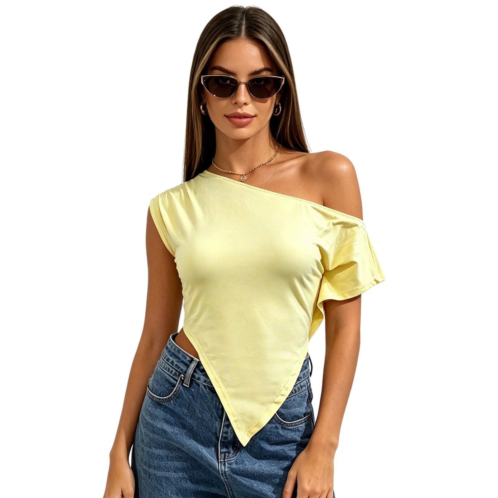 Women’s Off One Shoulder Tops Solid Color Slim Fit Short Sleeve Asymmetrical Pointed Hem T-Shirt