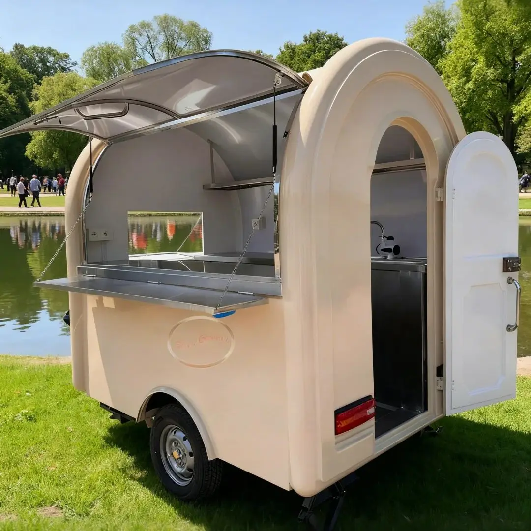 

Healing-style beige food trailer, a small and cute outdoor mobile business vehicle