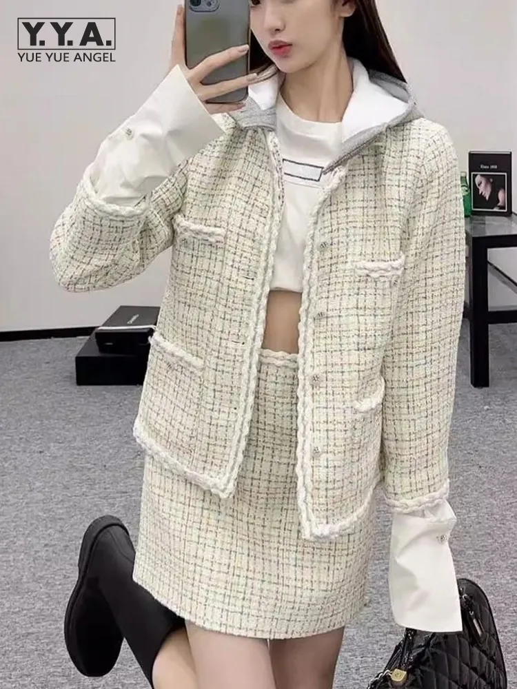 

New Elegant Women Colorful Plaid Detachable Hat Jacket Skirt Two Piece Set Slim Fit Office Ladies Casual Outfits Autumn Sets